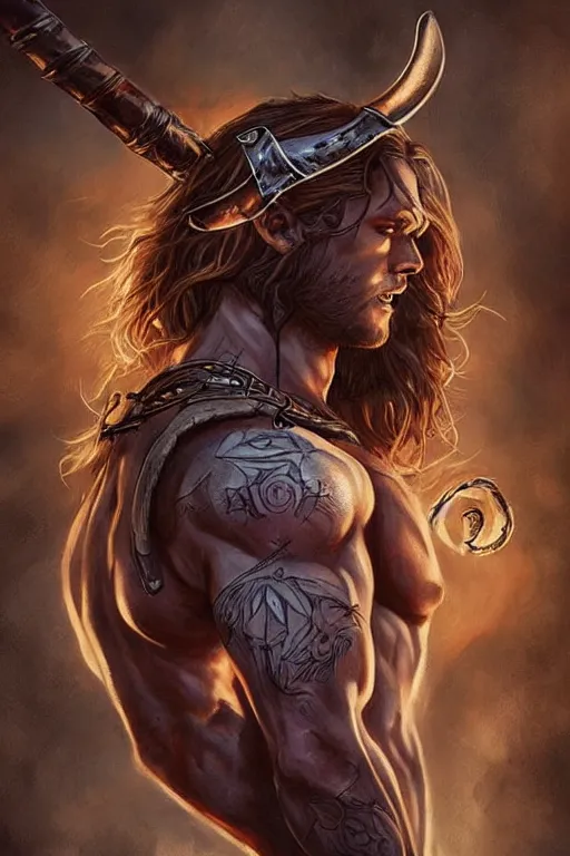 Image similar to romance book for women illustration, front portrait of attractive sam winchester as a viking warrior, clothes torn apart, muscular chest tattooed with runes and symbols, d & d!, fantasy style, sharp focus!, ultra detailed, art by artgerm and peter andrew jones, wlop
