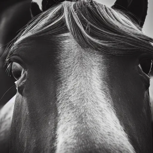 Prompt: a close up of a horse's face in a field, a stock photo by ancell stronach, featured on flickr, mannerism, wide lens, fisheye lens, stockphoto