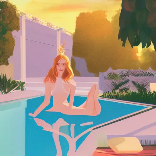 Image similar to Elle Fanning, next to a pool, golden hour, in a garden, artstation, in the style of Art Deco