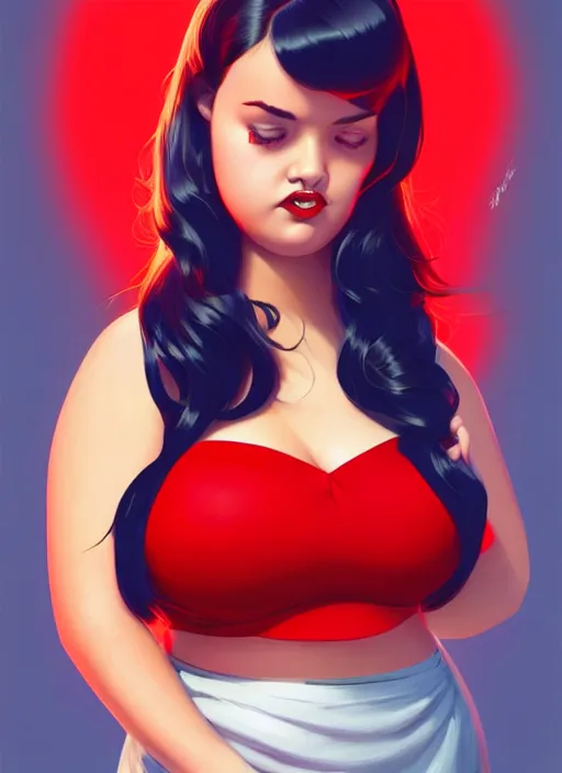 Image similar to full body portrait of teenage veronica lodge, obese, bangs, sultry, realistic, sultry smirk, wavy hair, red skirt, fat, belly, intricate, elegant, glowing lights, highly detailed, digital painting, artstation, concept art, smooth, sharp focus, illustration, art by wlop, mars ravelo and greg rutkowski