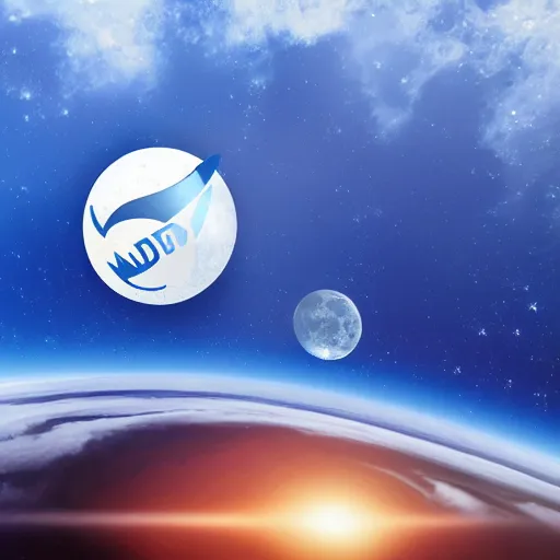 Image similar to Drupal logo fly on a spaceship to space with moon in the background, photorealistic