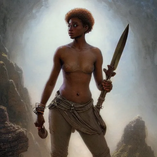 Image similar to artstation concept of a beautiful girl holding a sword in both hands, brown skin, sweaty skin, symmetrical face, casual white garment, brown canyon background, shiny colorful, hyperdetailed, artstation trending, world renowned artists, worth1000.com, historic artworks society, antique renewel, cgsociety, by greg rutkowski, by Gustave Dore, Deviantart