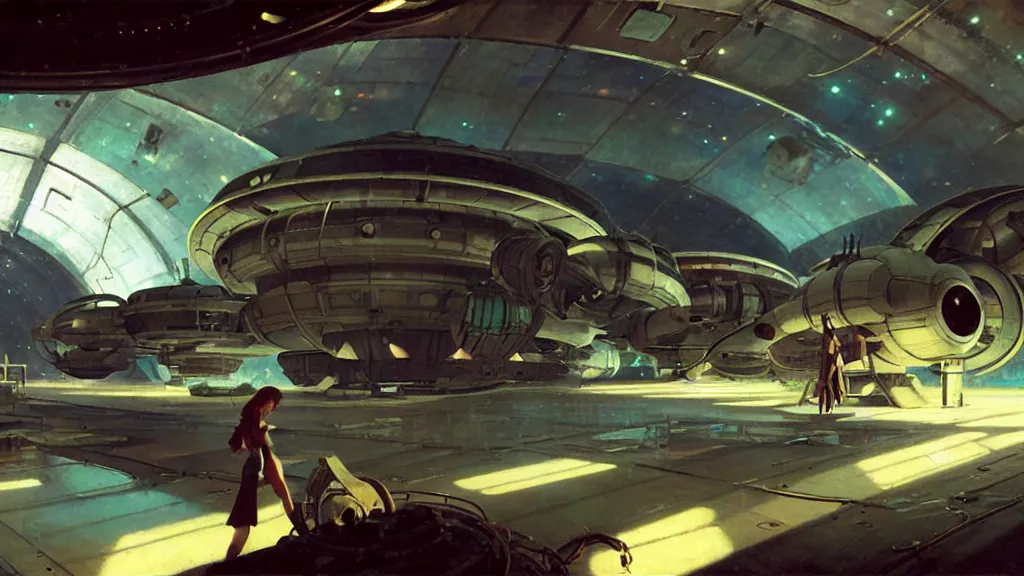 Prompt: a film still of a 1 9 5 0's mechanic anime girl repairing ufo in big hangar inside spaceship, painted by gaston bussiere, makoto shinkai, akihiko yoshida, gaston bussiere, craig mullins