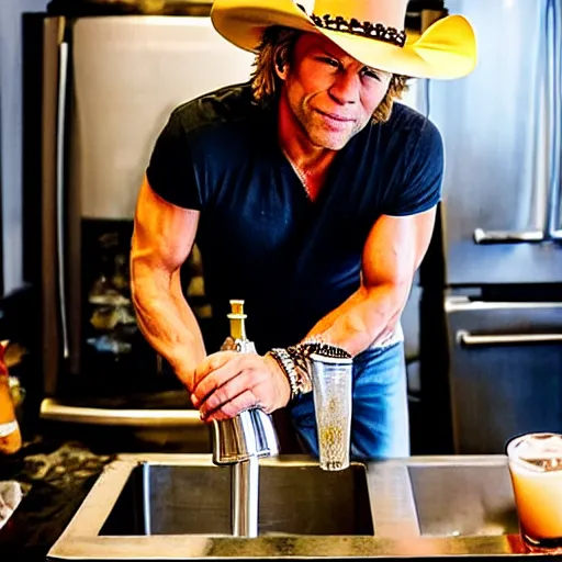 Image similar to photograph of Jon Bon Jovi with cowboy hat pouring beer from a tap into a dirty bowl in the kitchen sink