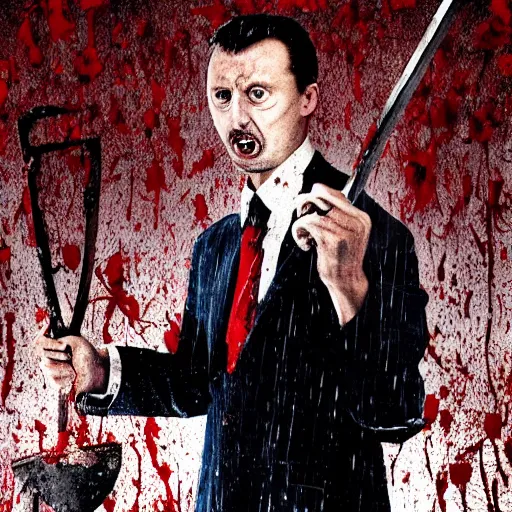 Image similar to Igor Ghirkin Strelkov as The American Psycho holding an axe, covered in blood, donning a raincoat, cinematic still