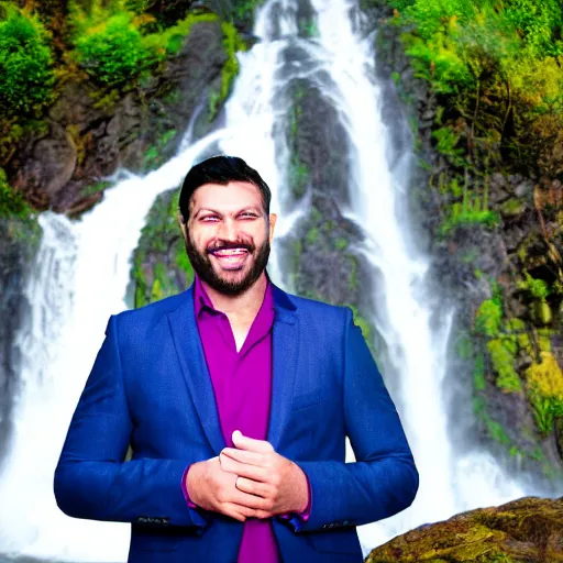 Image similar to portrait of a man wearing a suit smiling with big white teeth, waterfall background, intense blue sky, trees, magenta colors”