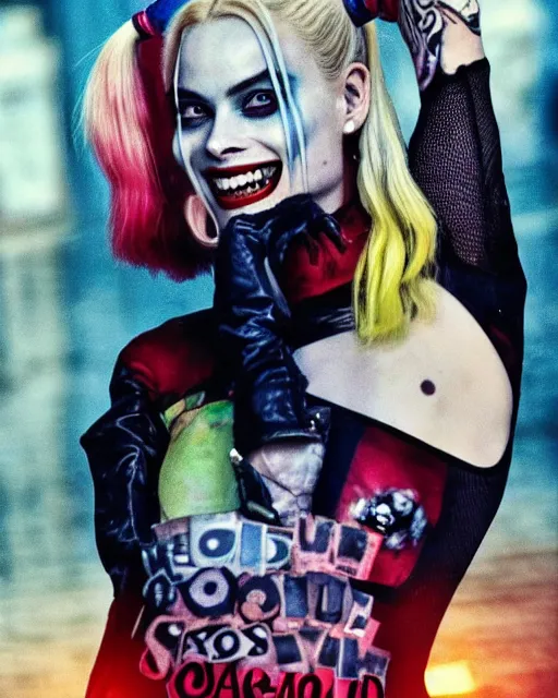 Prompt: gorgeous suicide squad margot robbie that looks like harley quinn, long blonde hair and big eyes, beautiful smile, finely detailed perfect face, standing on the wet street at sunset, a movie directed by christopher nolan, movie still frame, promotional image, imax 7 0 mm footage