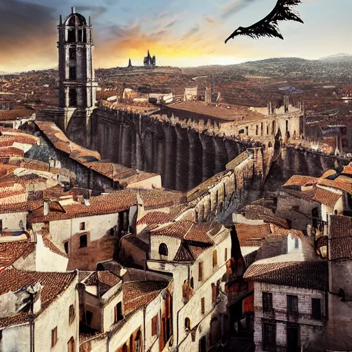 Image similar to the monumental city of caceres with dragons flying over it, dramatic lighting, cinematic, extremly high detail, photorealistic, cinematic lighting, post processed, concept art, artstation, matte painting, style by greg rutkowsky