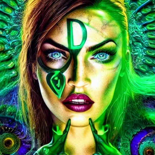 Prompt: an extremely psychedelic portrait of megan fox as the riddler, surreal, lsd, face, detailed, intricate, elegant, lithe, highly detailed, digital oth, sharp focus, illustration,