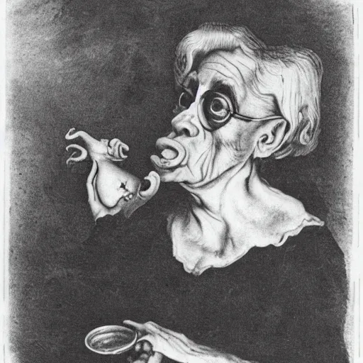 Image similar to a surrealist image of an old woman swallowing a whole goat