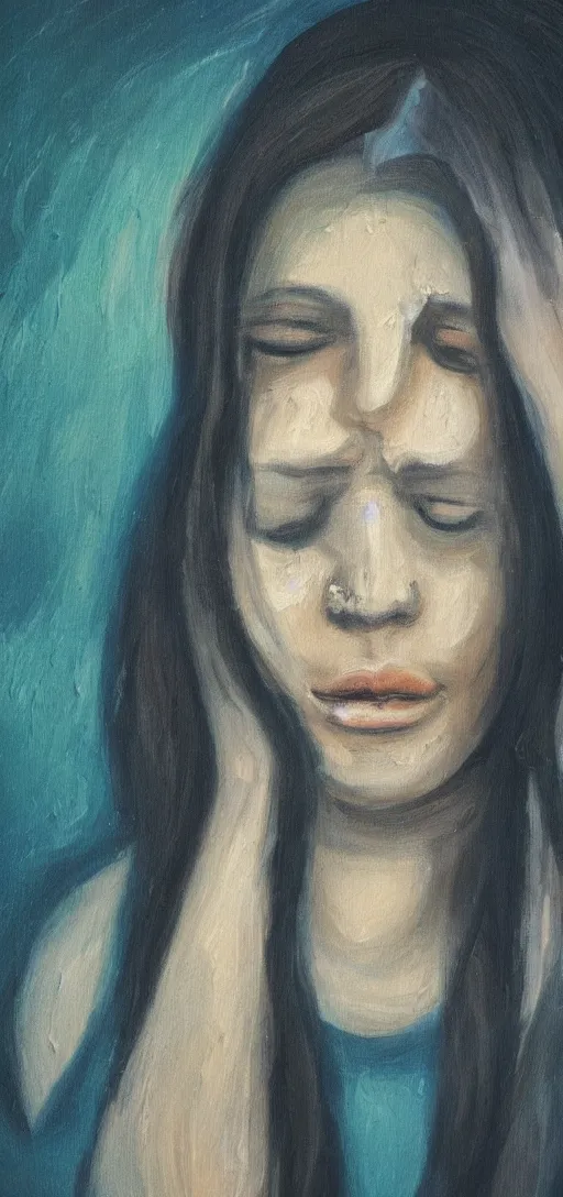 Image similar to a beautiful painting of a sad woman crying in the night, room, weird, blurry, water