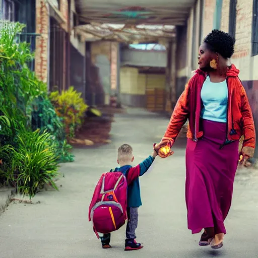 Image similar to mother taking her son to the school in a solarpunk city