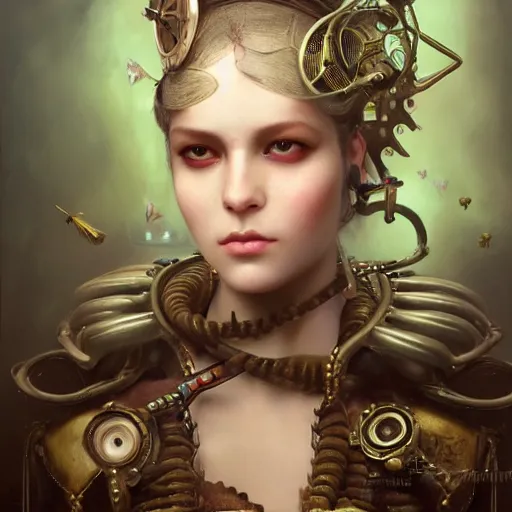 Image similar to by tom bagshaw, ultra realist vivid soft painting of a carnival of curiosities, single curvy flirt etheral young steampunk female in a full ornated armor gears, photorealistic facial traits, 3 d octane render eyes, cables, led, flying machinery, partial symmetry accurate features, very intricate details, focus, award winning, ultra dense fog