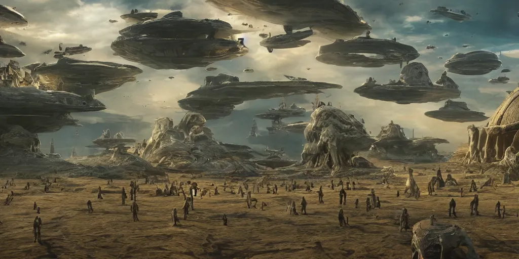 Prompt: surreal landscape bizarre parade deep perspective small biomorphic creatures in background large disturbing humanoid in the foreground perfect composition golden ratio epic scene unreal render hyperrealistic detail Star Wars