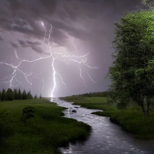 Prompt: a hyper realistic image of a river going between the trees and it is raining heavily and in the cloud you can see lightning 3 d