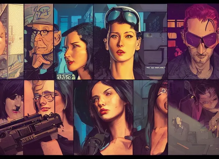 Image similar to cyberpunk heist crew. portrait by stonehouse and mœbius and will eisner and gil elvgren and pixar. character design. realistic proportions. dystopian. cyberpunk 2 0 7 7, apex, blade runner 2 0 4 9 concept art. cel shading. attractive face. thick lines. hi def 4 k. the team. detailed group of interesting characters.