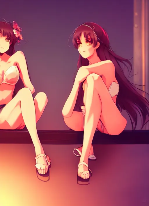 Image similar to two beautiful identical women sitting on a hot summer evening, gorgeous faces, thick lines, cinematic lighting, detailed anime art