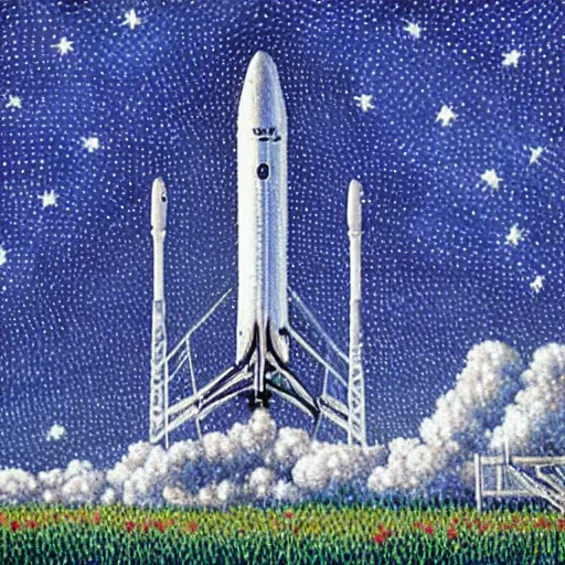 Prompt: spacex starship rocket landing on earth, pointillism painting