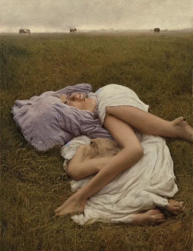 Prompt: peasant girl sleeping with a cow on a farm, cottage core, polaroid photo bleached vintage pastel colors high - key lighting, soft lights, foggy, by steve hanks, by lisa yuskavage, by serov valentin, by tarkovsky, 8 k render, detailed, oil on canvas