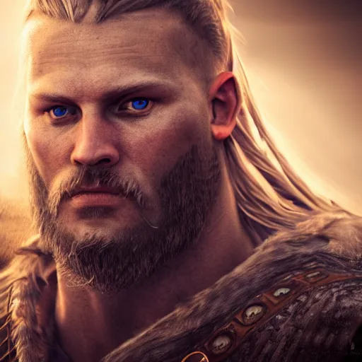 Image similar to portrait art of bjorn ragnarsson from vikings, 8 k ultra realistic, lens flare, atmosphere, glow, detailed, intricate, full of colour, cinematic lighting, trending on artstation, 4 k, hyperrealistic, focused, extreme details, unreal engine 5, cinematic, masterpiece