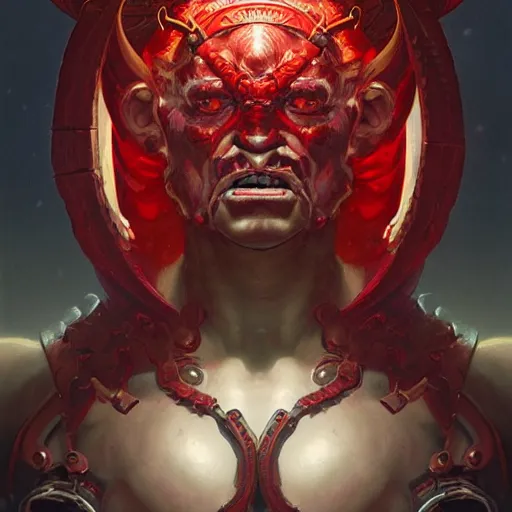 Image similar to portrait of muscular red orc, symmetrical, D&D character art, portrait, digital painting, concept art, intricate, mogul khan, Peter Mohrbacher, Alphonse Mucha, Brian Froud, Yoshitaka Amano, Kim Keever, Victo Ngai, James Jean