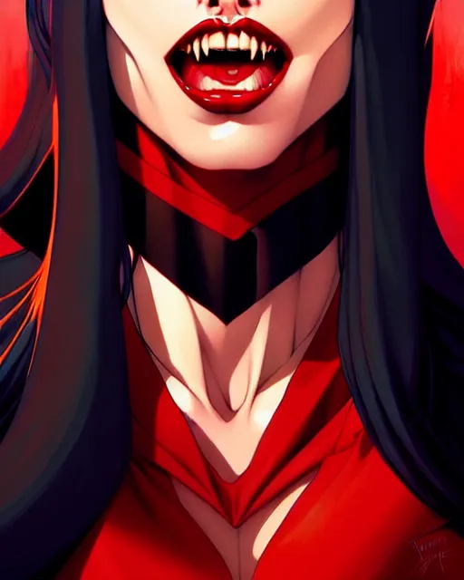 Image similar to artgerm, joshua middleton comic cover art, full body pretty megan fox vampire sharp teeth, red dress, symmetrical eyes, symmetrical face, long curly black hair, dark castle background background, cinematic lighting