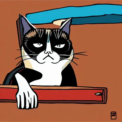 Image similar to a grumpy cat at a garage sale, digital art