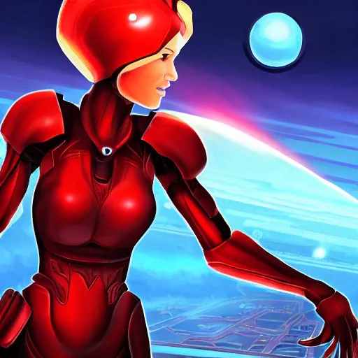 Image similar to natalie portman in the suit of Samus Aran from Metroid. She is fighting darth vader next to the Sun. Very emotional. Ultra high quality, very detailed. 8k. Trending on art station