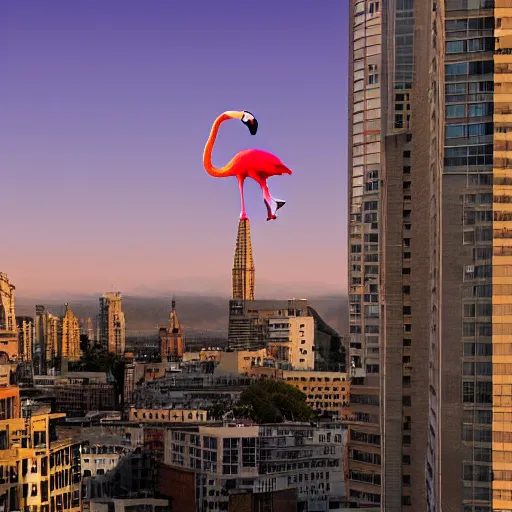 Image similar to photo of a giant real flamingo towering above a city