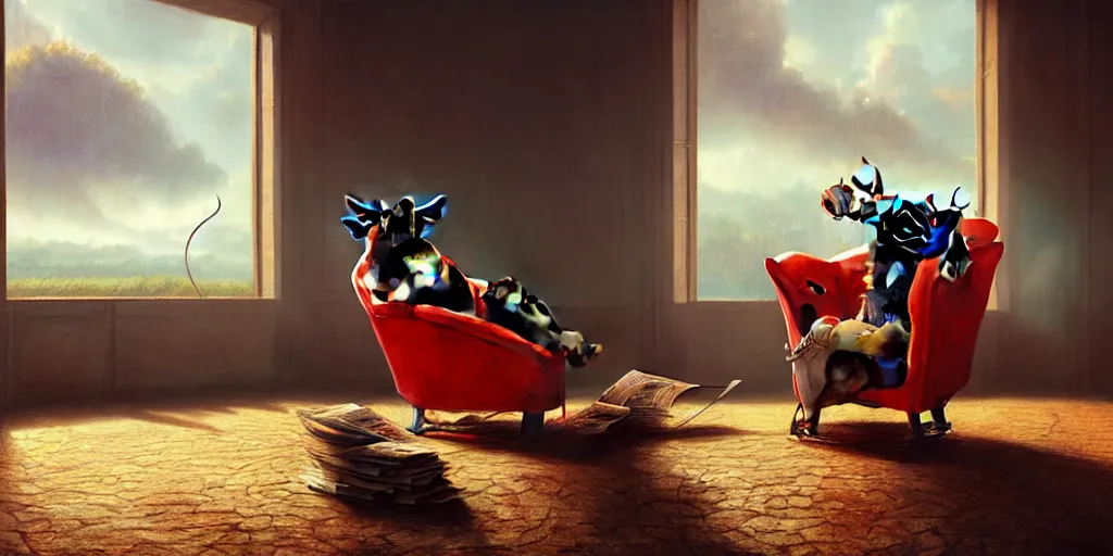 Prompt: a cow in a luxury chair reading the newspaper, vivid colors, beautiful interior, digital art, landscape, fantasy art, octane render, ureal engine, high detail, very realistic, by greg rutkowski. by james gurney