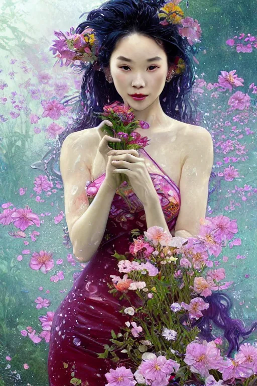 Image similar to portrait of a beautiful woman wearing a cheongsam dress, holding a bouquet of flowing flowers, drenched body, wet dripping hair, emerging from the water, fantasy, regal, fractal crystal, fractal gems, by stanley artgerm lau, greg rutkowski, thomas kindkade, alphonse mucha, loish, norman rockwell