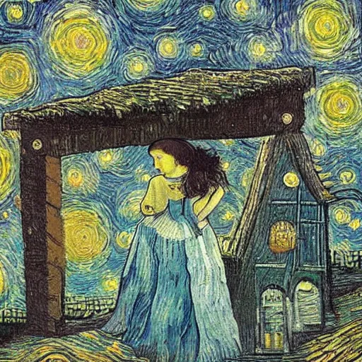 Prompt: a romantic girl with dark descending hair on the roof of the house in rotterdam looks at the stars, in the windows yellow light, wang gogh wrote