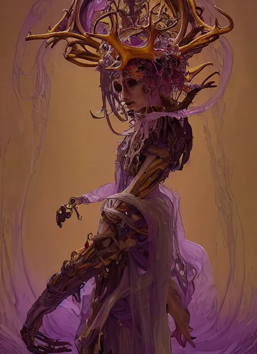 Prompt: portrait of a joyful ghost girl, golden robe, fangs , decaying bones, biomechanical, exposed bones, antlers, concept art, artstation, 4k, detailed, dramatic lighting, afternoon my sun, purple liquid, alphonse mucha, syd mead, moebius, mohrbacher, tarot card