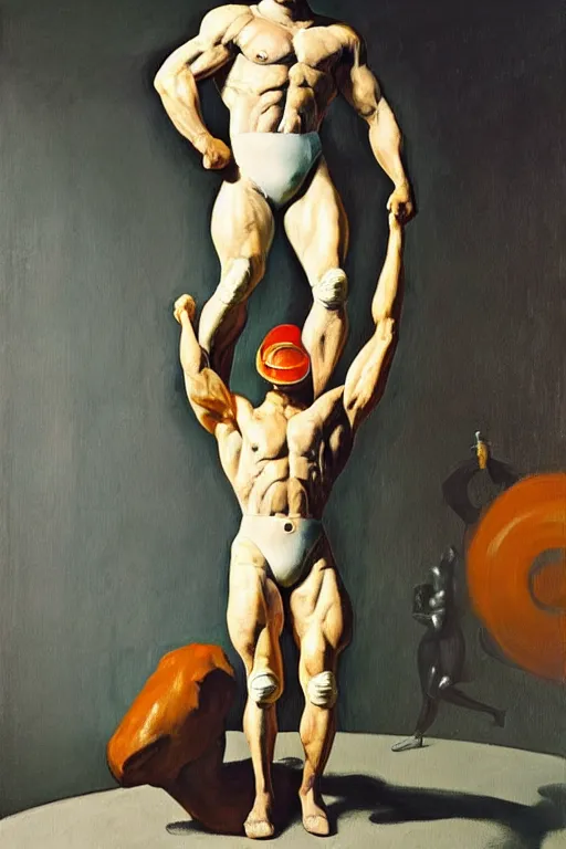 Image similar to bodybuilder in an astronaut helmet and costume lifts a statue of a horse, highly detailed painting by francis bacon, edward hopper, adrian ghenie, gerhard richter, and james jean soft light 4 k,