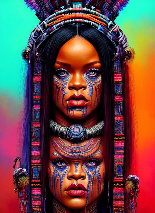 Image similar to portrait of rihanna, hyper detailed ultra sharp aztec shaman warrior. trending on artstation, warpaint aesthetic, bloodwave, colorful, psychedelic, ornate, intricate, digital painting, concept art, smooth, sharp focus, illustration, art by artgerm and greg rutkowski and h. r. giger, 8 k