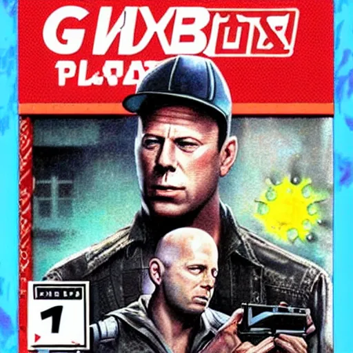 Image similar to box art for a gameboy game that just loads a picture of bruce willis's face. no other gameplay features.