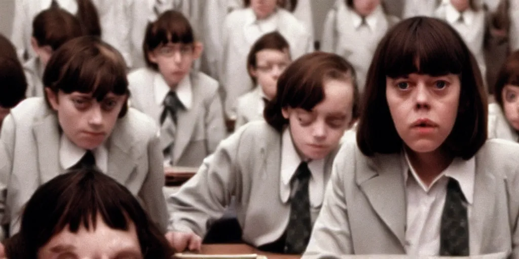 Prompt: screenshot of Olivia Coleman as a substitute teacher at a private school, 1970s psychological thriller by Stanely Kubrick film, color, anamorphic lenses,