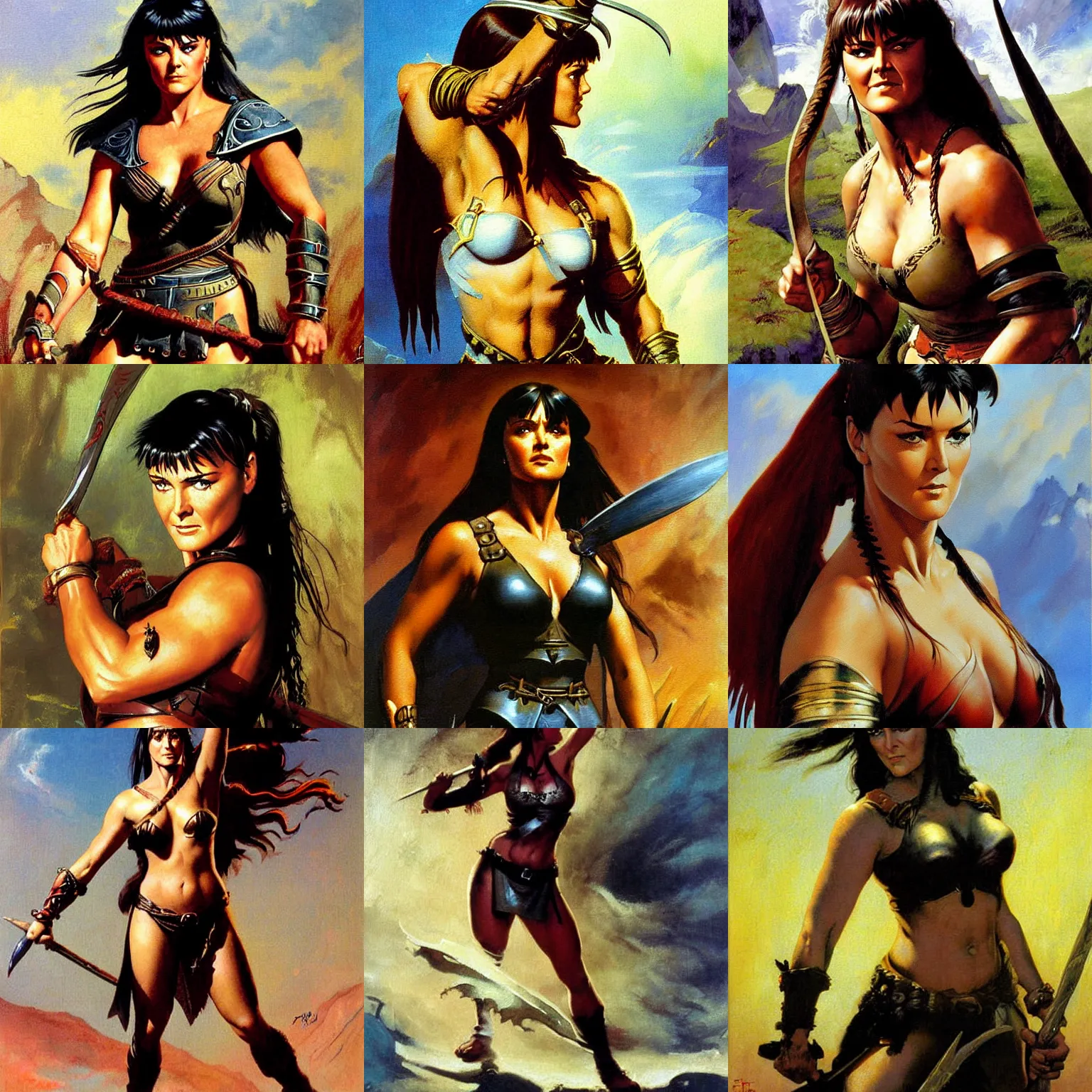 Prompt: xena the warrior princess painting by frank frazetta 4 k