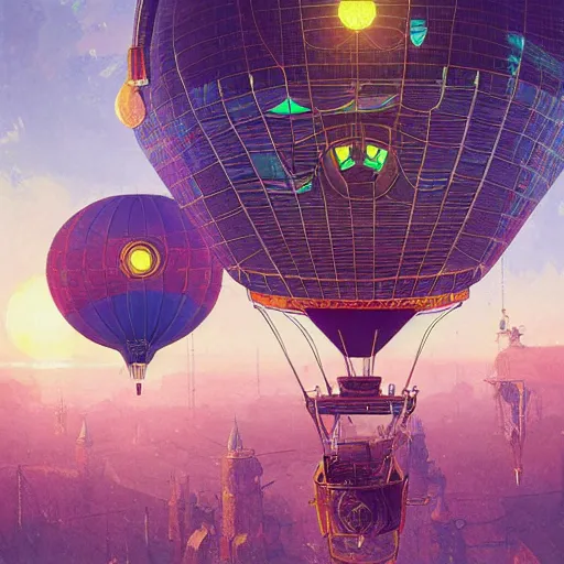 Prompt: solarpunk and cyberpunk hot air balloon, very detailed, intricate, detailed illustration, by greg rutkowski and alphonse mucha, Paul Lehr and Beeple, iridescent accents, ray tracing, product lighting, sharp, smooth, masterpiece, cinema 4D