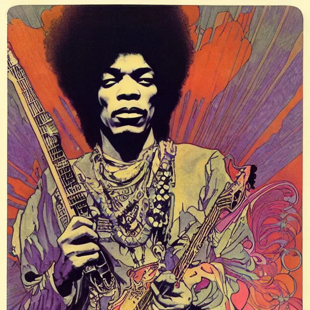 Image similar to polaroid of a vintage record cover by Franklin Booth and Edmund Dulac showing a portrait of Jimi Hendrix as a futuristic space shaman, Alphonse Mucha background, futuristic electric guitar, star map, smoke