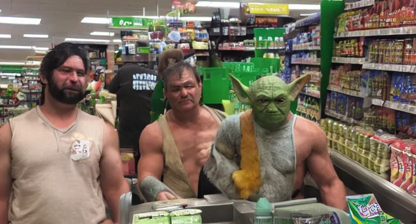 Image similar to a mix between Hulk and Yoda and Dobby and gollum buying groceries in a seven eleven, center frame medium shot, shot on technicolor cinemascope 35mm anamorphic lense, flare