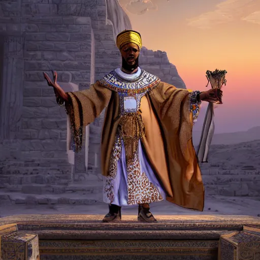 Prompt: an epic digital illustration of an african moor wearing white robes and turban in the valley of the kings, ornate and decadent steampunk technology, by jeff easley and thomas kinkade and afarin sajedi, rendered in unreal engine 5, extremely symmetrical, cinematic volumetric lighting, cyberpunk style, surreal portrait style, dynamic portrait, 8 k, hd,