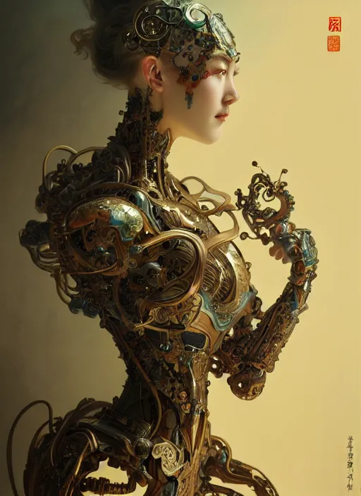 Image similar to organic cyborg, ming dynasty porcelain, diffuse lighting, fantasy, intricate, elegant, highly detailed, lifelike, photorealistic, digital painting, artstation, illustration, concept art, smooth, sharp focus, art by John Collier and Albert Aublet and Krenz Cushart and Artem Demura and Alphonse Mucha
