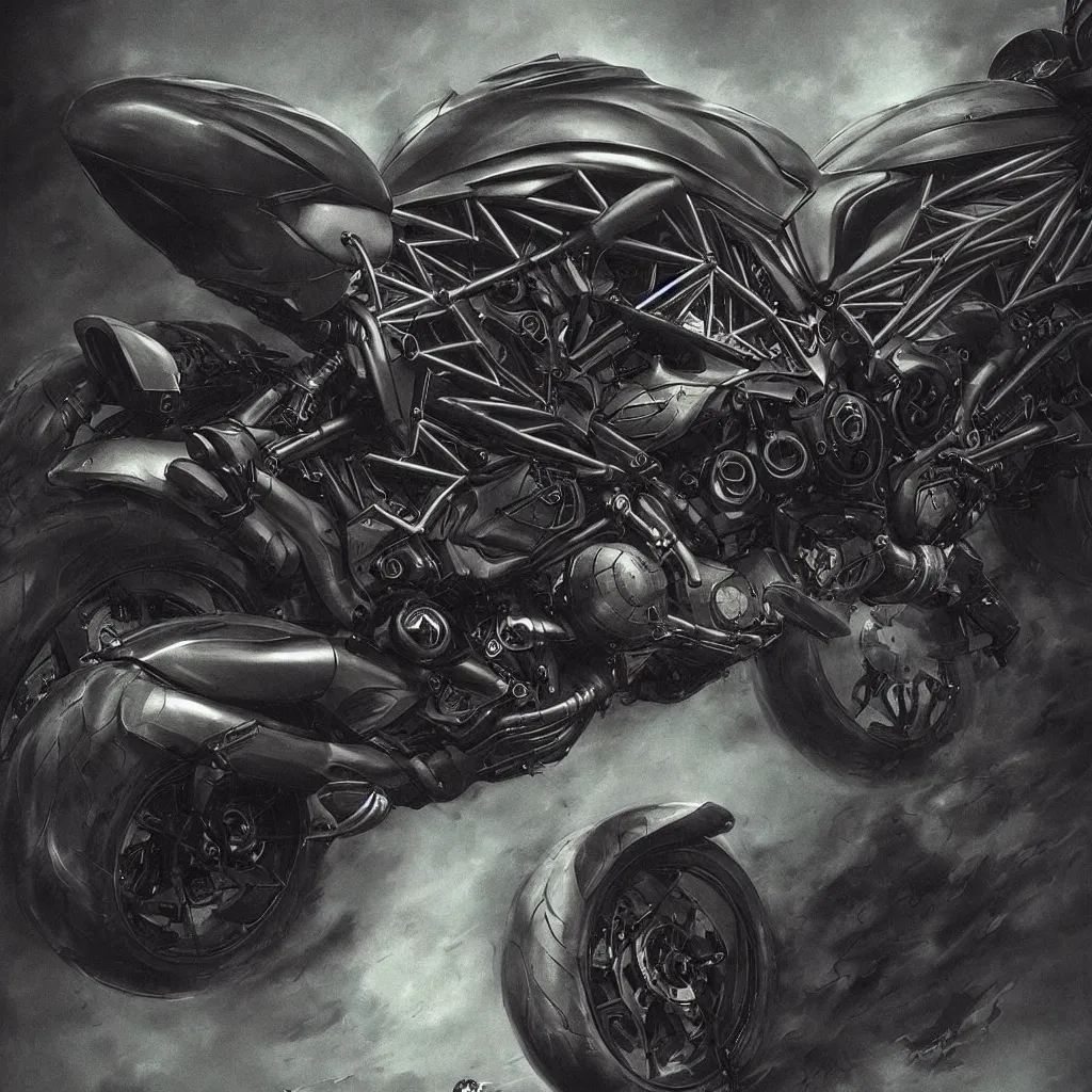 Image similar to ducati diavel. dark colors. menacing. haunting. frightening. trending on artstation. award winning. artgem. greg rutkowski. beksinski. extremely detailed. 4 k.