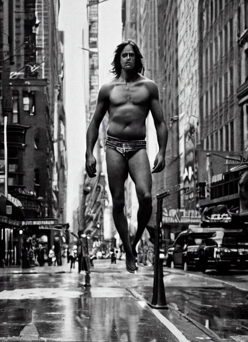 Image similar to portrait of tarzan walk on the street of new york, by charlotte grimm, natural light, detailed face, symmetrical, canon eos c 3 0 0, ƒ 1. 8, 3 5 mm, 8 k, medium - format print, half body shot