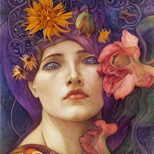 Prompt: flower queen, by annie swynnerton and charlie bowater and tino rodriguez and nicholas roerich and jean delville and evelyn de morgan and lucien freud, dramatic lighting, floral tattoos, rich colors, smooth sharp focus, extremely detailed, adolf wolfli