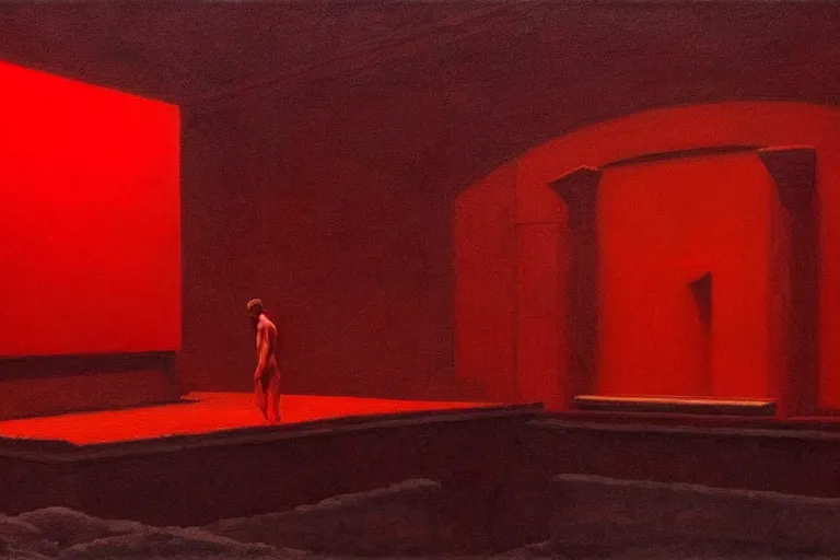 Image similar to only with red, crowd screaming, an exposed painting in a roman theater, in the style of beksinski, parts by edward hopper, parts by rodcenko, parts by yue minjun, intricate and epic composition, red by caravaggio, insanely quality, highly detailed, masterpiece, red light, artstation, 4 k