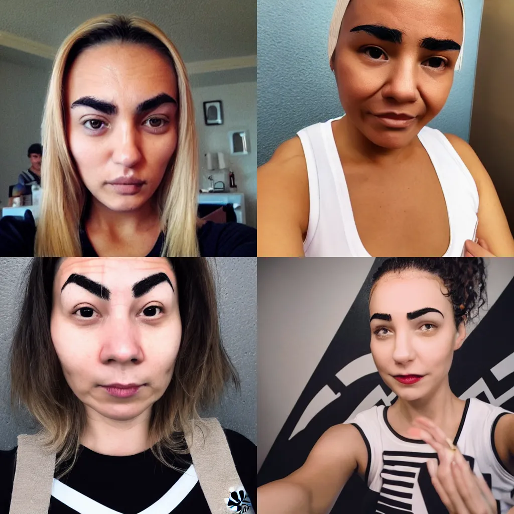 Prompt: selfie of a woman with eyebrows in the shape of the adidas logo, adidas - shaped eyebrows