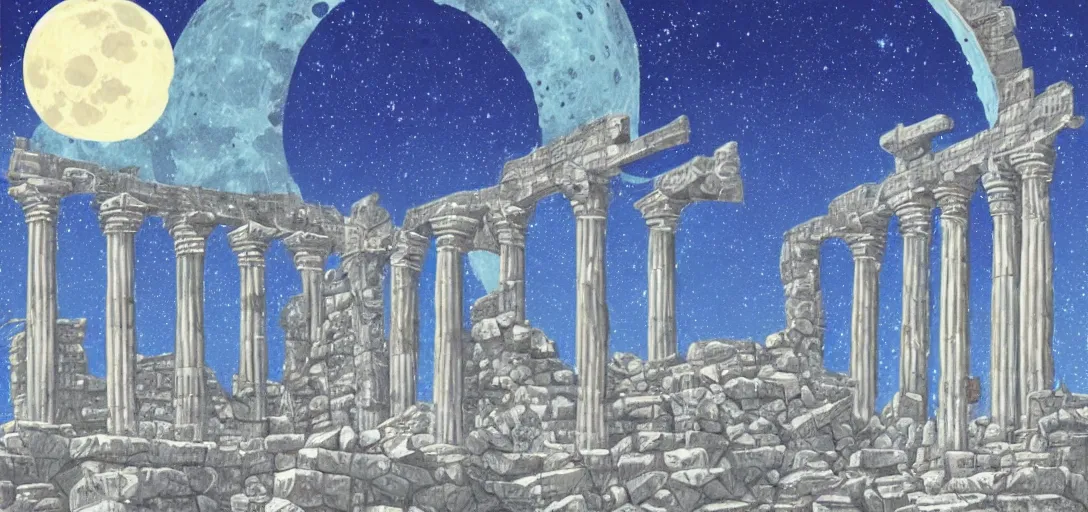 Image similar to The ruins of the Silver Millennium on the moon from Sailor Moon, digital painting, large Earth in the distance, Greek-esque columns and ruins