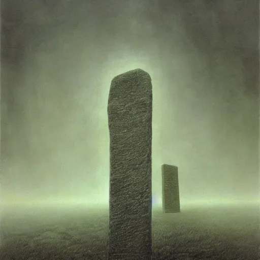 Prompt: arm reaching out of thick fog, 6 stelae pointing down from the sky, untethered stelae, symmetrical, zdzislaw beksinski